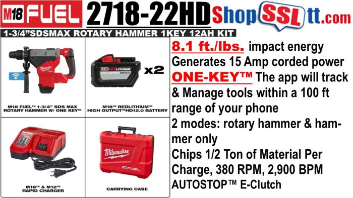 Milwaukee 2718-22HD M18 FUEL 18V 1-3/4 Inch SDS MAX Rotary Hammer With ONE KEY – 2x 12Ah Batteries Kit - View #5