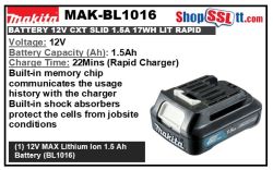 BATTERY 12V CXT SLID 1.5A. 17WH LIT RAPID/STD-22/50M