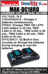 CHARGER 18V DUAL DC18RD. LXT+USB 3/4/5A-30/40/45MN