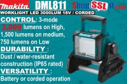 LIGHT WORK LED 3000L 18V BARE DUAL HI/M/LO-3/7/13H
