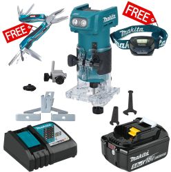 ROUTER TRIMMER 1/4"PLUNGE 18V BL 5A.H BATTERY BL + FREE MUTITOOL + RECHARGEABLE HEADLAMP